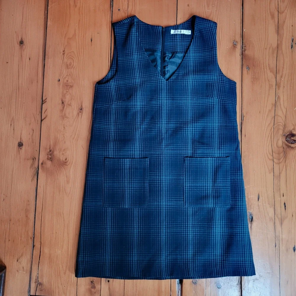 TWIK Plaid Pinafore Dress Navy Blue Teal Academia Layering Jumper Dress Small - Picture 2 of 14